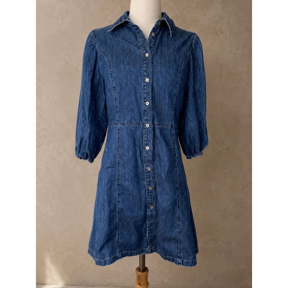 Gap Sz S Organic Cotton Denim Button Front Mini Dress Blue Puff Sleeve